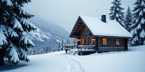 Snow-covered wooden cabin nestled in coniferous forest, frosty, serene, winter