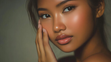 A stunning portrait showcasing glowing skin and expressive eyes, embodying elegance and warmth in a soft, muted color palette.