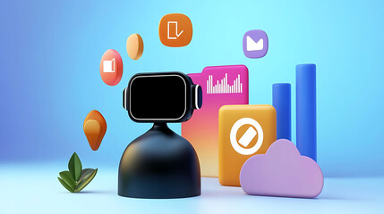 A digital representation of a chatbot surrounded by colorful icons and graphs, symbolizing data analysis and communication technology.