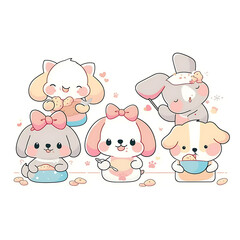 Naklejka premium Playful and whimsical dog or cat illustrations in vibrant and minimalist designs.