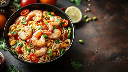Sea food Baik kut kyee kaik Burmese fried noodle Dish top view on a dark brown background