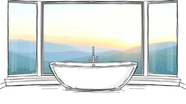 Modern luxury bathroom interior with freestanding bath, panoramic window, elegant fixtures, and soothing color palette, color palette, modern