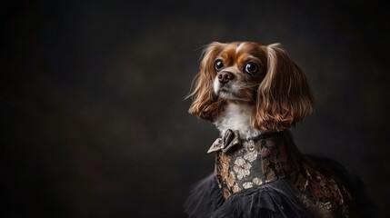 Naklejka premium Elegant Small Dog in Ornate Fashionable Outfit with Ruffles Posed Against Dark Background for a Glamorous Pet Portrait Photography Session