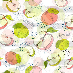 Cartoon red, green and pink apples- seamless texture. Whole, sliced ​​apples on a white background. Fresh fruits. Doodle Black line. Vector handwriting illustration. Vegetarian food.