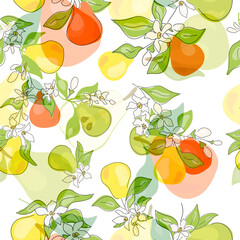 Fresh green whole and half pear, leaves, fruits on a white background. Doodle seamless texture. Minimal style. Vector handwriting illustration. Hand-drawn. Vegetarian food.