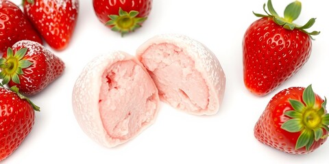 Pink strawberry mochi dessert with a sweet and chewy texture, topped with fresh strawberries and a dusting of powdered sugar, chewy, mochi