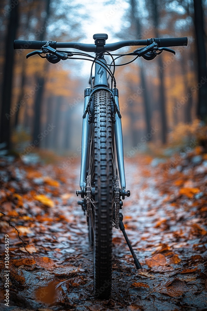 Poster a single bicycle is parked in a dense forest, surrounded by trees and foliage