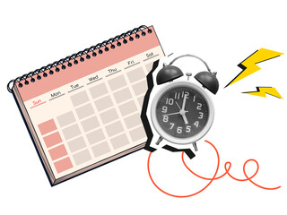 Ringing alarm clock with lightnings and calendar. Modern collage style. Illustration on transparent background