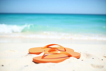 pair of orange flip flops sitting on top of a sandy beach