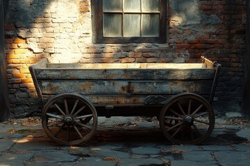Obraz premium A vintage wooden wagon parked in front of a brick building