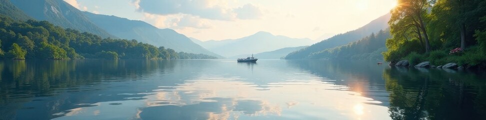 Peaceful lake scene with a boat in the distance, lake life, calm