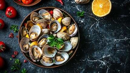 Sea food New England clam bake from New England Dish top view on a dark marble background