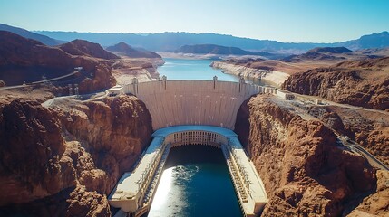 Aerial View of Hydroelectric Dam Structure in Desert Canyon Landscape