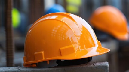 Bright Orange Hard Hat on Construction Site Surface with Blurred Colorful Safety Helmets in the Background, Symbolizing Workplace Safety and Protection