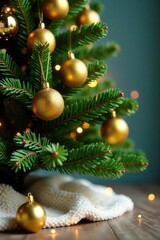 Sparkling golden ornaments scattered around fir tree base, fir, festive, tree