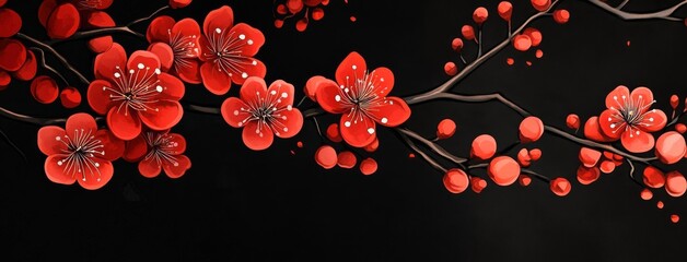 Vivid red cherry blossoms on black background