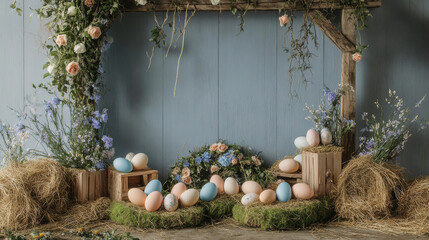 Charming Easter backdrop with pastel eggs, floral accents, and rustic elements, evoking a serene spring vibe.