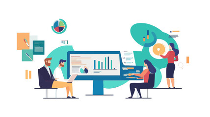 Obraz premium Business Analytics Team Collaborating on Marketing Strategy and Financial Reports in Office Setup, Teamwork and Data Visualization Concept
