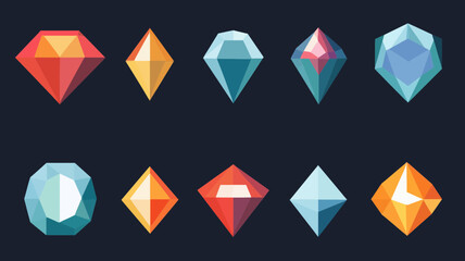 Colorful Diamond Gemstones Icons Collection Flat Design for UI and Digital Projects, Vector Illustration of Stylish Gem Shapes for Graphic Resources