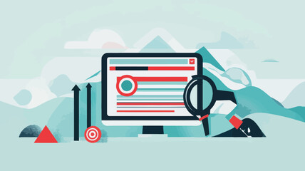 Vector Illustration of SEO Concept with Computer Screen, Magnifying Glass, and Arrows for Search Engine Optimization Strategy