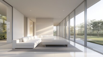 Fototapeta premium Modern living room with white furniture and panoramic windows. Luxury home interior