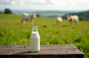 bottle of fresh milk or kefir on table in field with cows grazing on green meadow in background