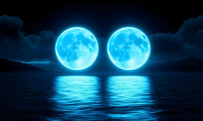Illuminated Dual Moons Reflecting on Calm Ocean Waters at Night