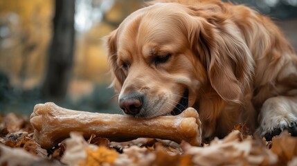 Golden retriever dog enjoying a large bone in an autumn forest surrounded by colorful leaves, showcasing canine happiness and playfulness in nature
