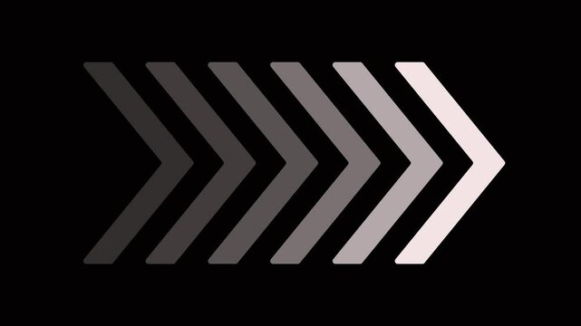 Arrow pointing to the right on a white color symbol. Glowing Arrows on a Black Background. 4K Arrow video. Arrows pointing to the right icon. Six Shapes of Arrows Fade in and Fade out Animation.