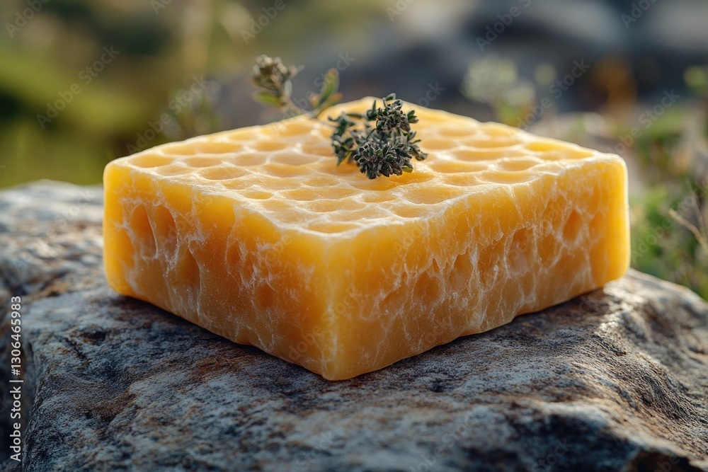 Poster a slice of cheese sits atop a rocky outcropping, perfect for adding a touch of nature to your scene 