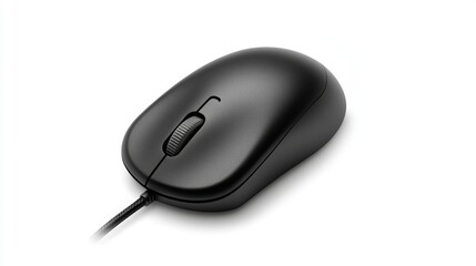Sleek black computer mouse with ergonomic handle for comfortable use on desktop surfaces