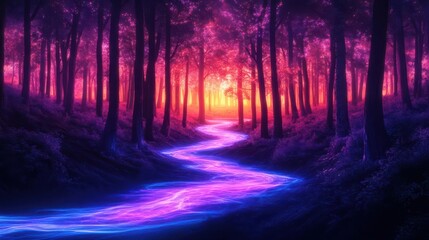 Bring to life a surreal energy forest pulsating with vibrant neon tones, flowing rivers of cosmic power, an electric dreamscape in ultra-HD resolution