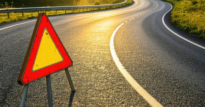 Bright yellow triangular yield sign red border standing near curved road casting long shadows golden hues of setting sun