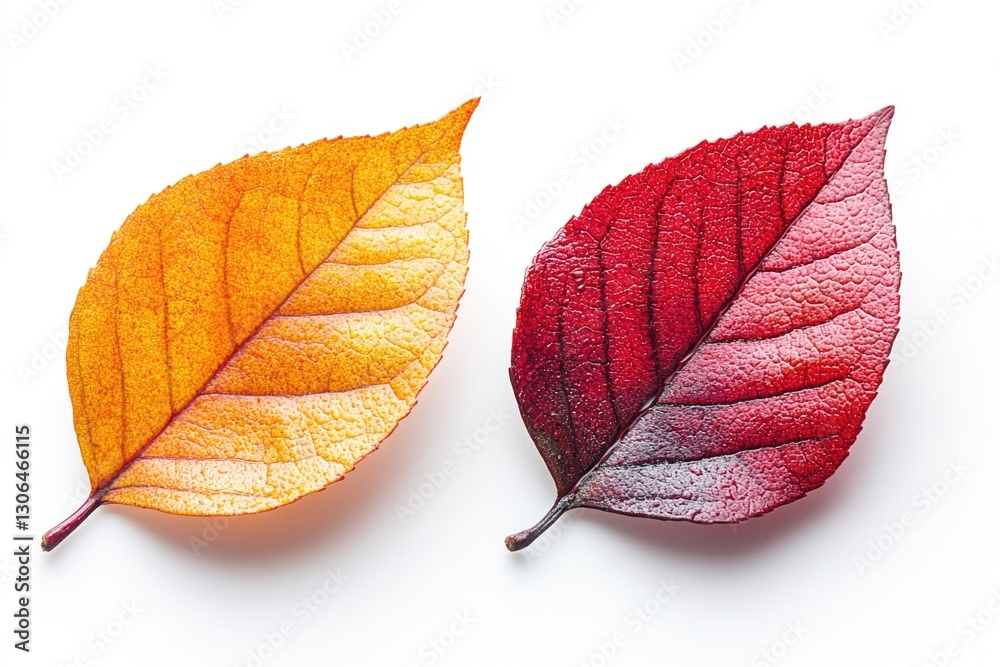 Poster close-up of two differently colored leaves on a white background, suitable for nature or design conc