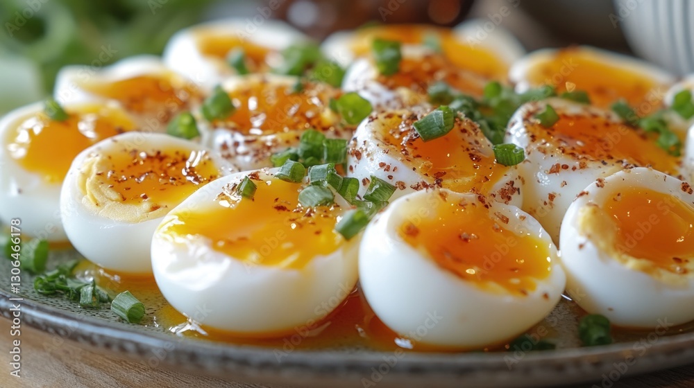 Poster a plate filled with hard-boiled eggs on a table