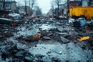 Naklejka premium A dirty urban street with a yellow dump truck parked in the background, capturing a gritty and industrial atmosphere
