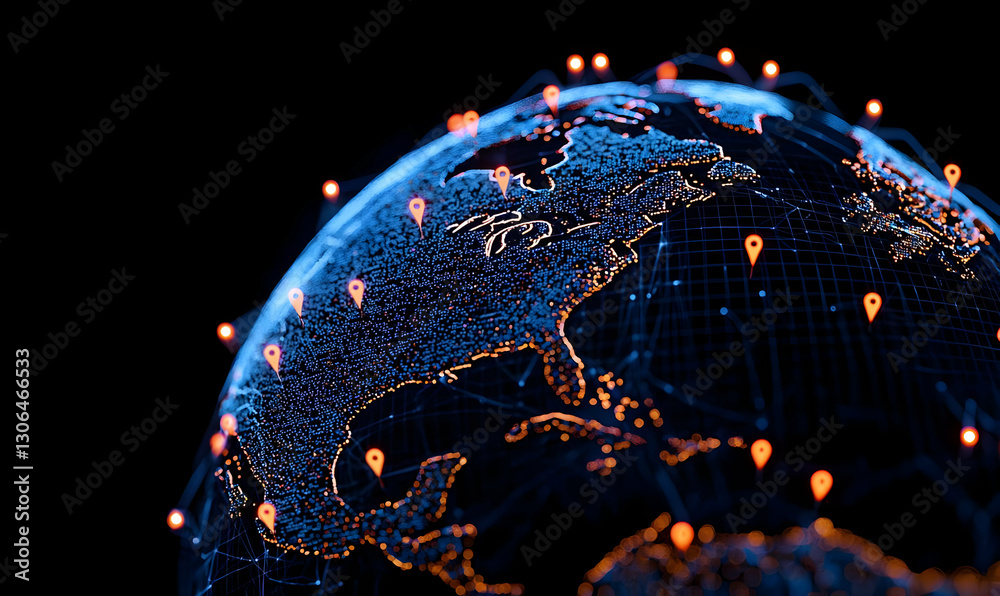 Poster 3d render of global network with data points and connections
