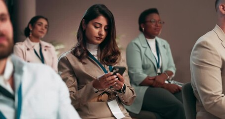 Business woman, seminar and phone for picture, workshop or corporate presentation. Mobile, photography and audience at conference convention for learning, training or share live event on social media