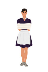 Young woman in a hotel maid uniform is holding a towel in her hands. Flat vector illustration isolated on transparent background