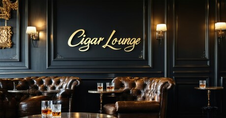 Classic black gold cigar lounge sign elegant script mounted dark wooden doorway softly glowing leather armchairs whiskey glasses