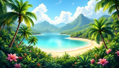 Tropical paradise, pristine beach, crystal clear turquoise water, majestic mountain peak