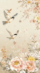 Obraz premium Delicate birds in flight amidst blooming flowers, gentle pastel background, floral design