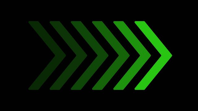 Arrow pointing to the right on a green symbol. Glowing Arrows on a Black Background. 4K Arrow video. Arrows pointing to the right icon. Six Shapes of Arrows Fade in and Fade out Animation.