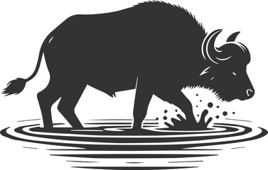 Buffalo walking through shallow water, creating ripples animal vector silhouette