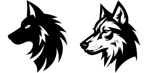 Two wolf head illustrations, one solid black, one with white details, both in profile, on a white background. © reza