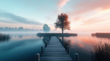 Scenic misty lake with wooden pier at dawn. Serenity and inspiration