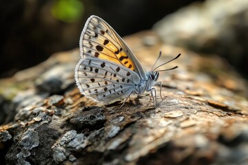 Fototapeta premium Close-up shot of a butterfly perched on a rock, with intricate details and natural textures
