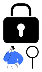 Large lock and magnifying glass highlight security and analysis themes. Pensive man suggests online protection, investigation, data privacy. Ideal for cybersecurity, privacy, analysis, research, IT