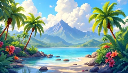 Tropical paradise, pristine beach, crystal clear turquoise water, majestic mountain peak