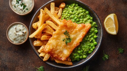 Australian Food Fish chips and mushy peas Dish top view on a dark brown background